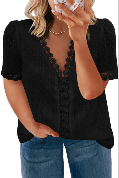 Summer Sexy V-Neck Lace Dot Lace Blouse Casual T-Shirt