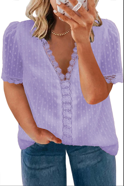 Summer Sexy V-Neck Lace Dot Lace Blouse Casual T-Shirt