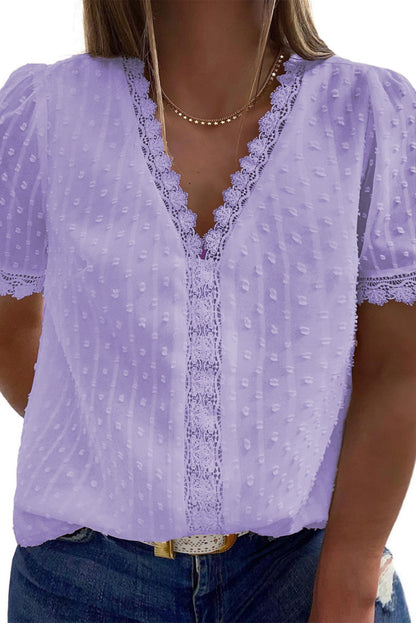 Summer Sexy V-Neck Lace Dot Lace Blouse Casual T-Shirt