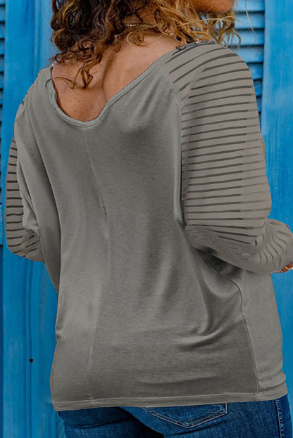 Long Sleeve Mesh Patchwork Top Casual V-Neck Blouse