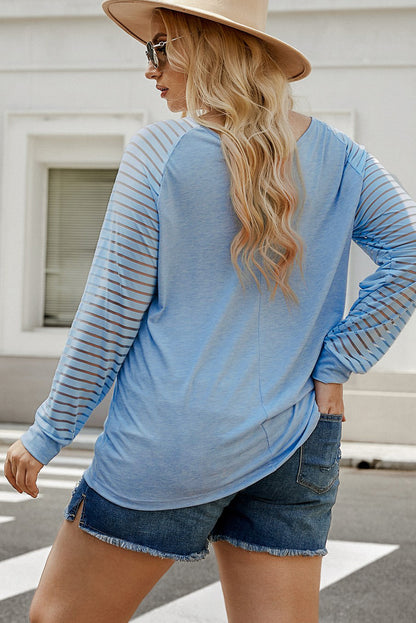 Long Sleeve Mesh Patchwork Top Casual V-Neck Blouse