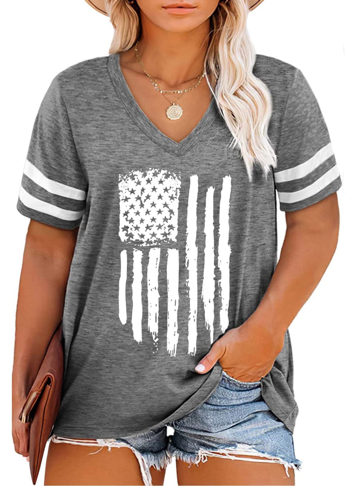 Plus Size Shirts for Women Flag Graphic Tee Top