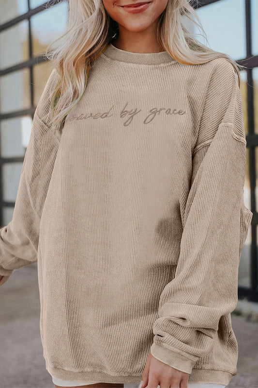 Embroidered “saved by grace” Chunky Knit Crewneck Sweater