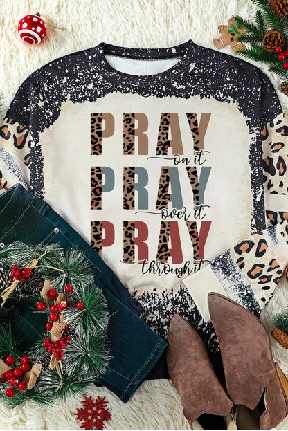 Black PRAY Letter Leopard Bleached Color Block Sweatshirt