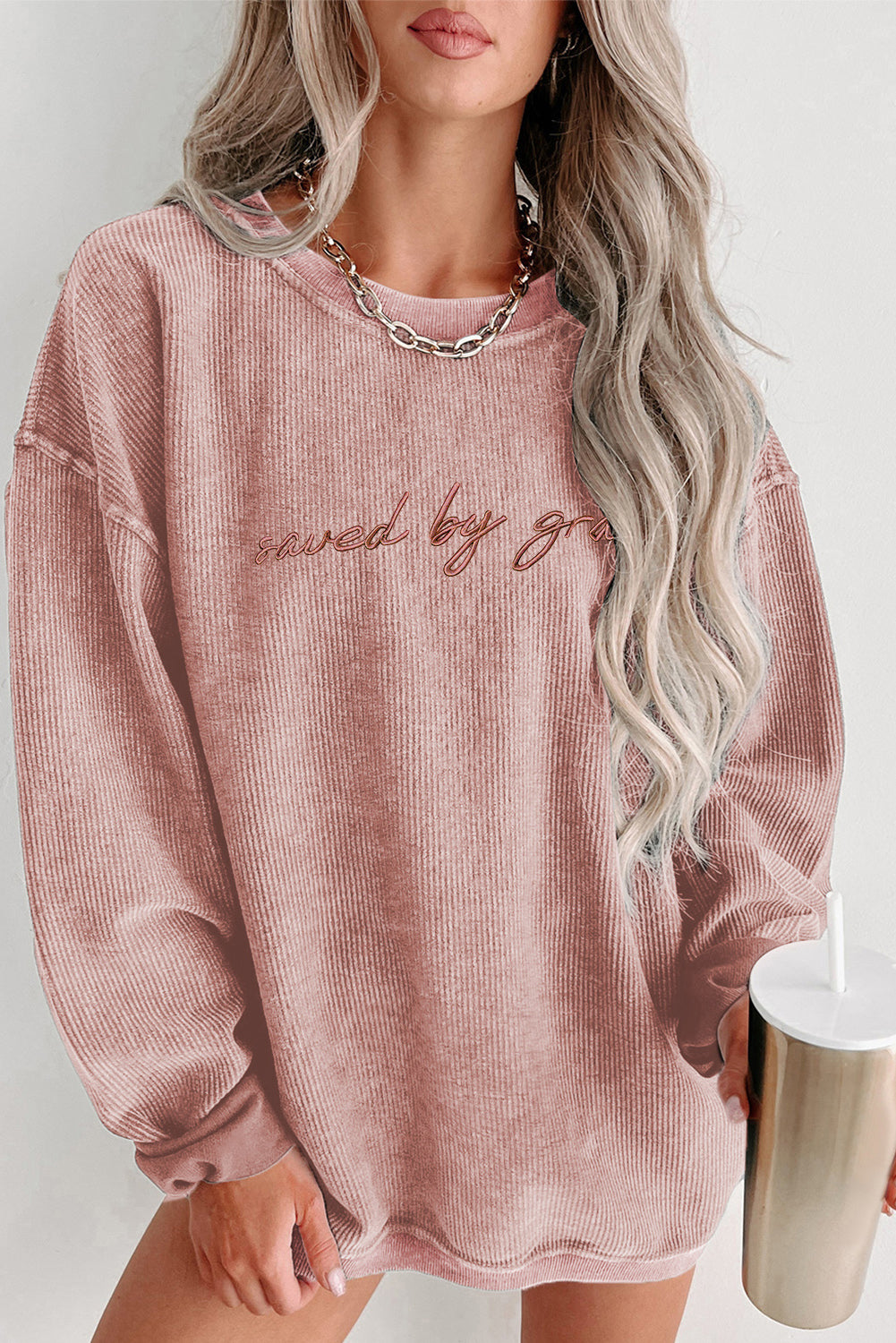 Embroidered “saved by grace” Ribbed Knit Pullover Sweatshirt