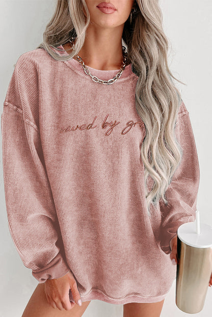 Embroidered “saved by grace” Ribbed Knit Pullover Sweatshirt