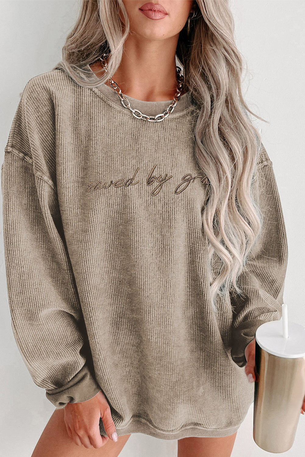 Embroidered “saved by grace” Ribbed Knit Pullover Sweatshirt