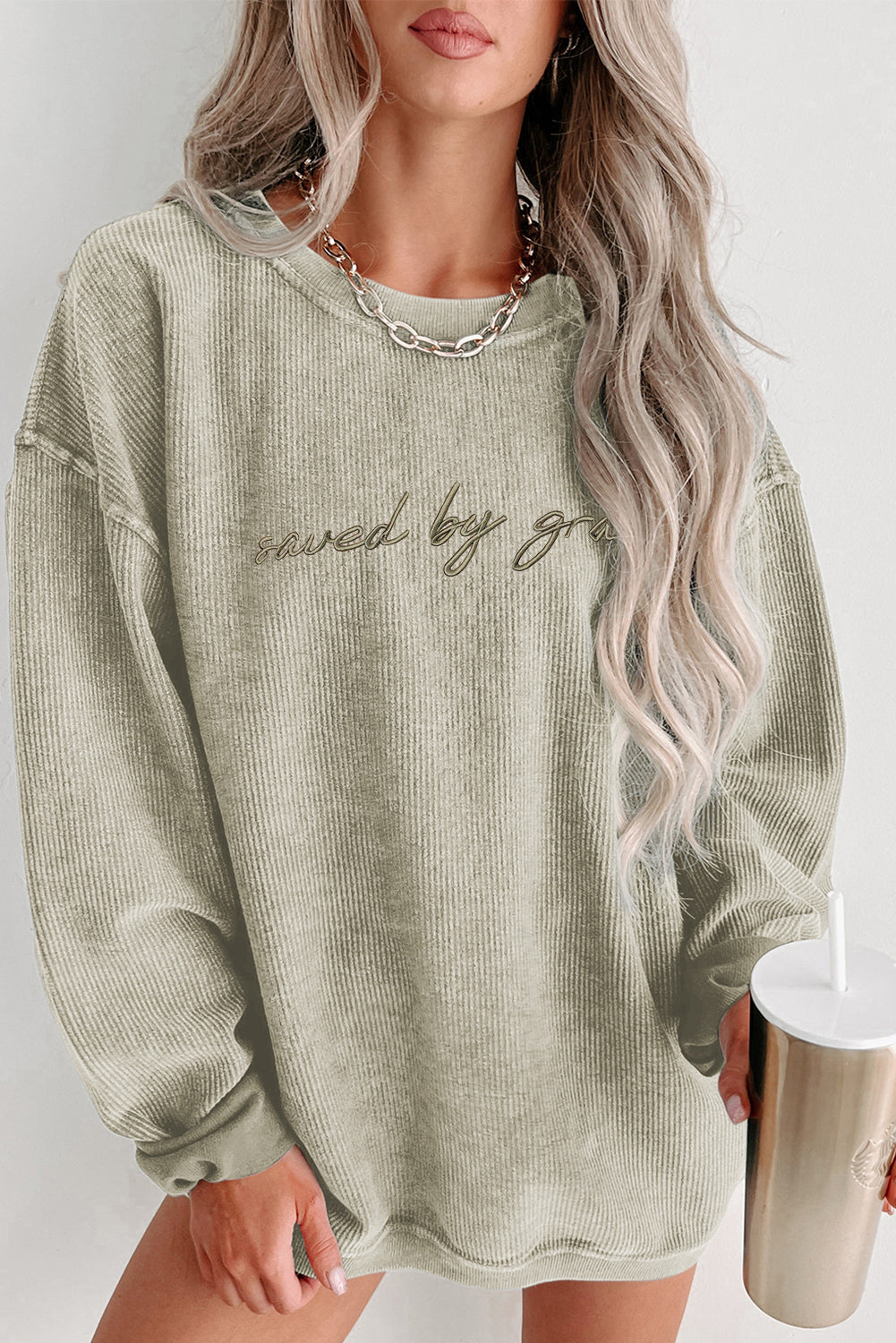 Embroidered “saved by grace” Ribbed Knit Pullover Sweatshirt