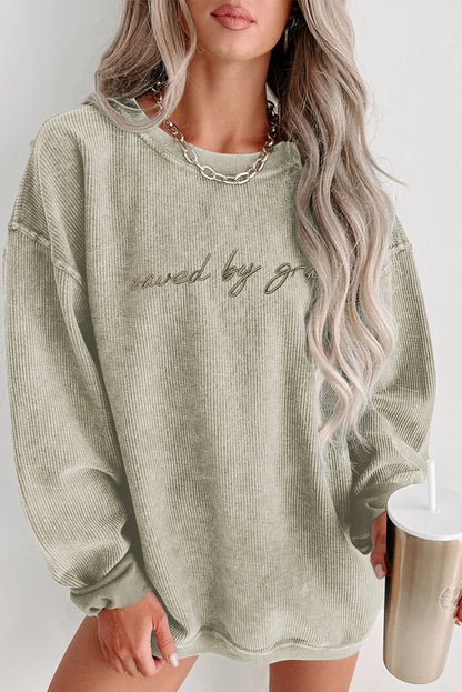 Embroidered “saved by grace” Ribbed Knit Pullover Sweatshirt