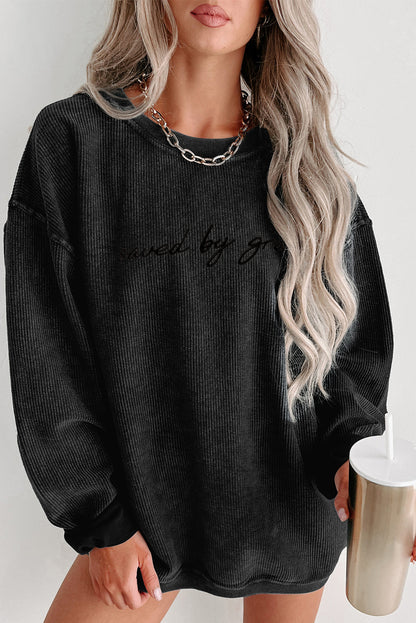 Embroidered “saved by grace” Ribbed Knit Pullover Sweatshirt