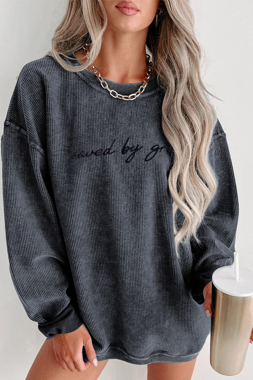 Embroidered “saved by grace” Ribbed Knit Pullover Sweatshirt