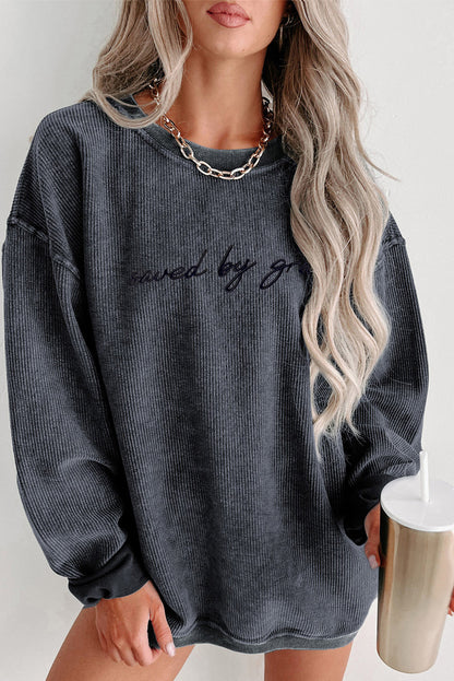 Embroidered “saved by grace” Ribbed Knit Pullover Sweatshirt