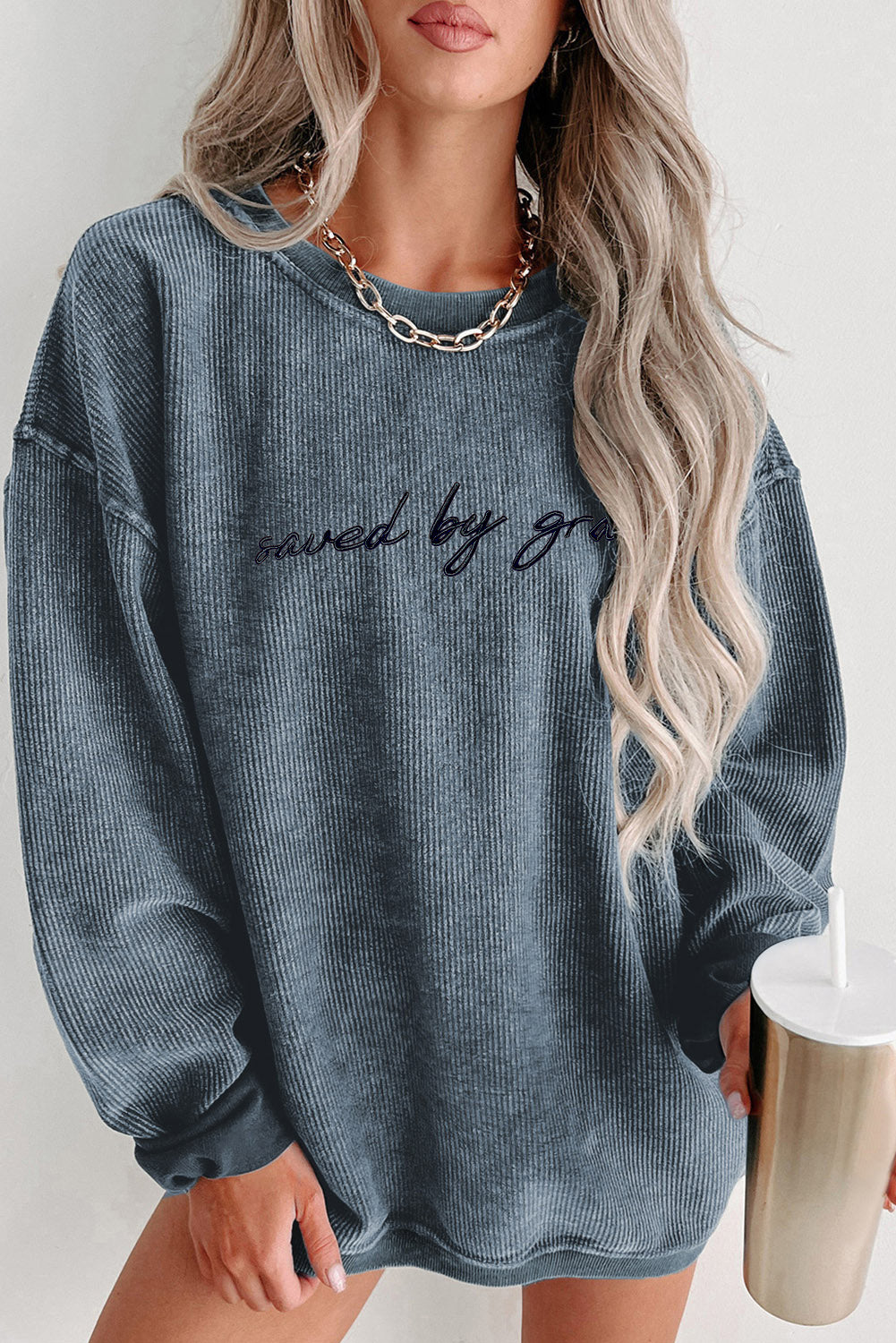 Embroidered “saved by grace” Ribbed Knit Pullover Sweatshirt