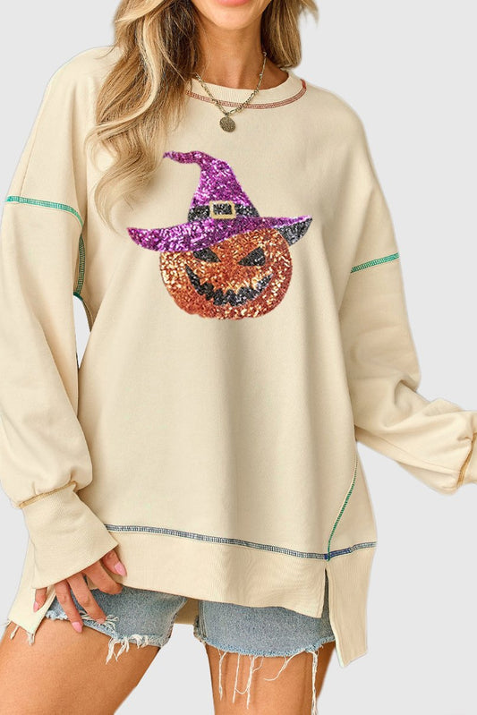 Glitter Pumpkin Side-Split Halloween Sweatshirt