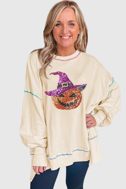 Glitter Pumpkin Side-Split Halloween Sweatshirt