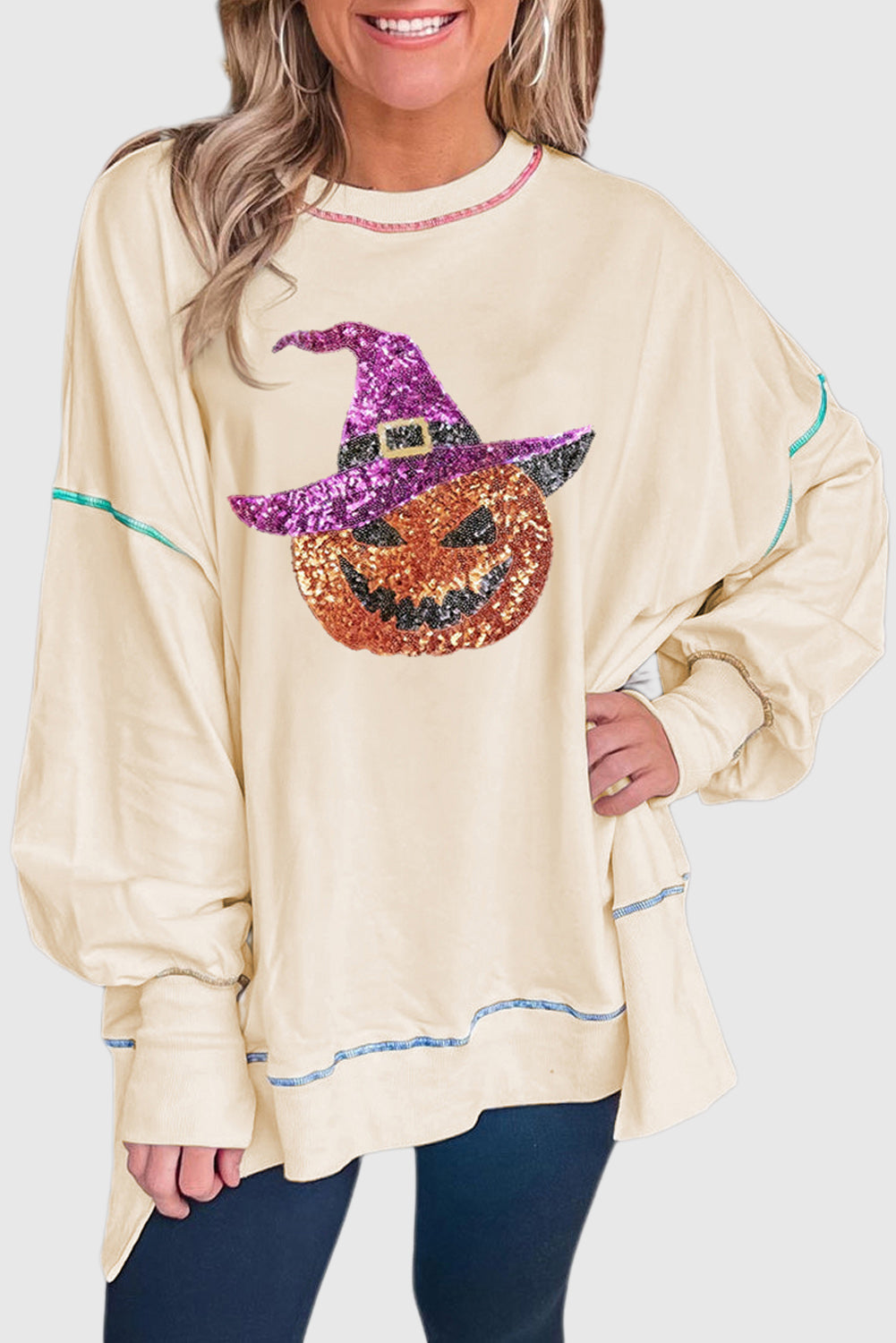 Glitter Pumpkin Side-Split Halloween Sweatshirt