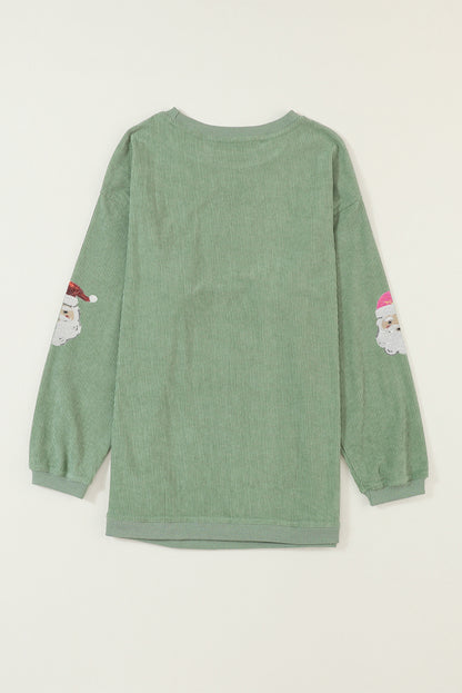 Grass Green Corded Ribbed Sequin Patched Santa Claus Graphic Sweatshirt