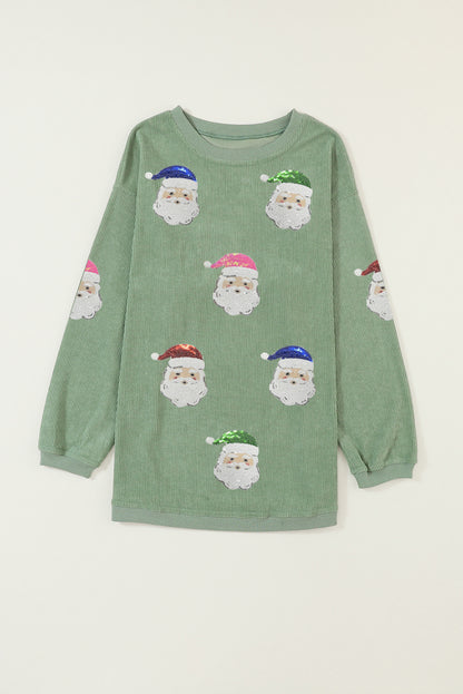 Grass Green Corded Ribbed Sequin Patched Santa Claus Graphic Sweatshirt