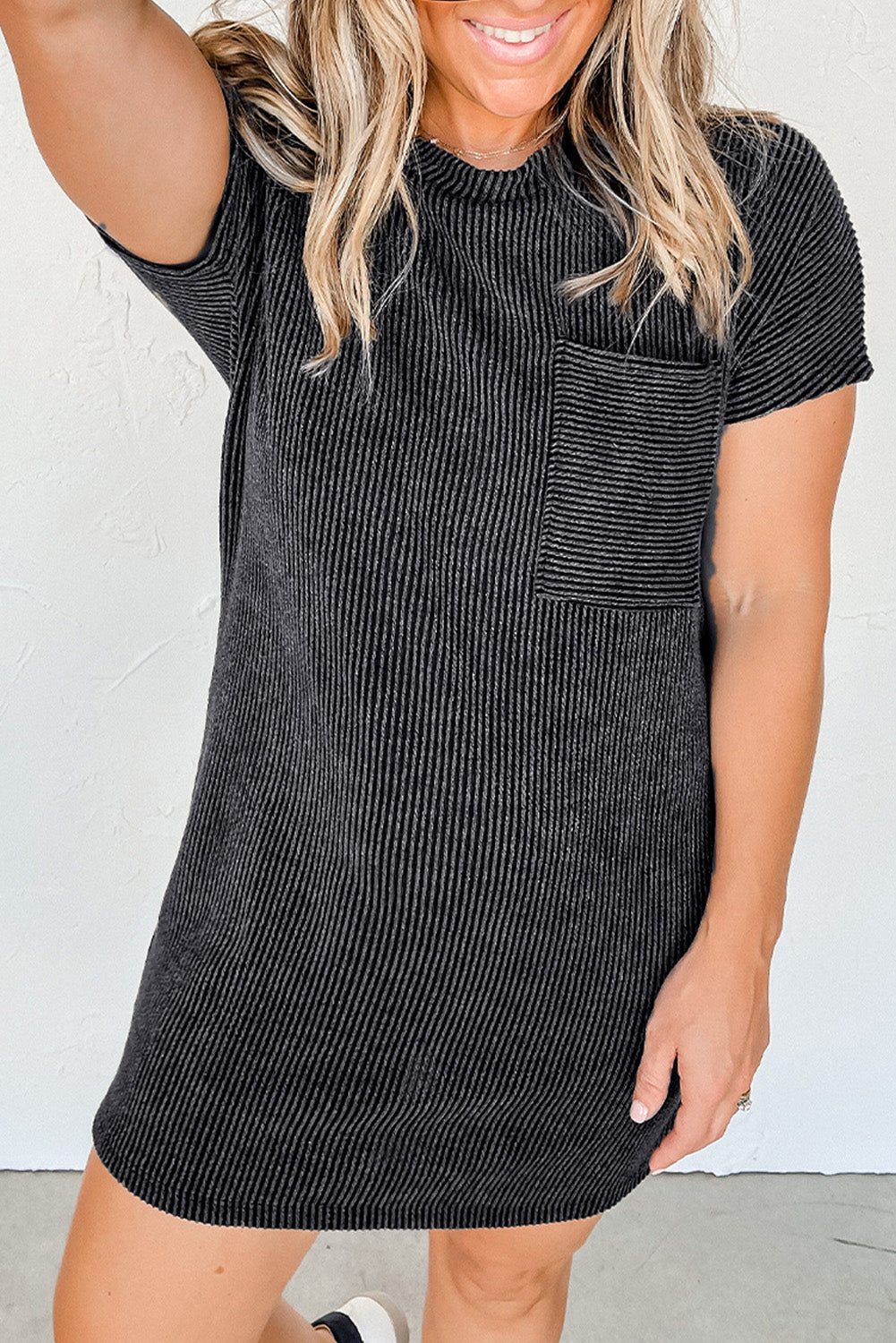 Striped Ribbed Knit Pocket T-Shirt Dress for Women