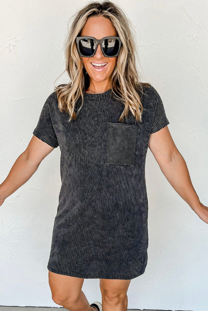Striped Ribbed Knit Pocket T-Shirt Dress for Women