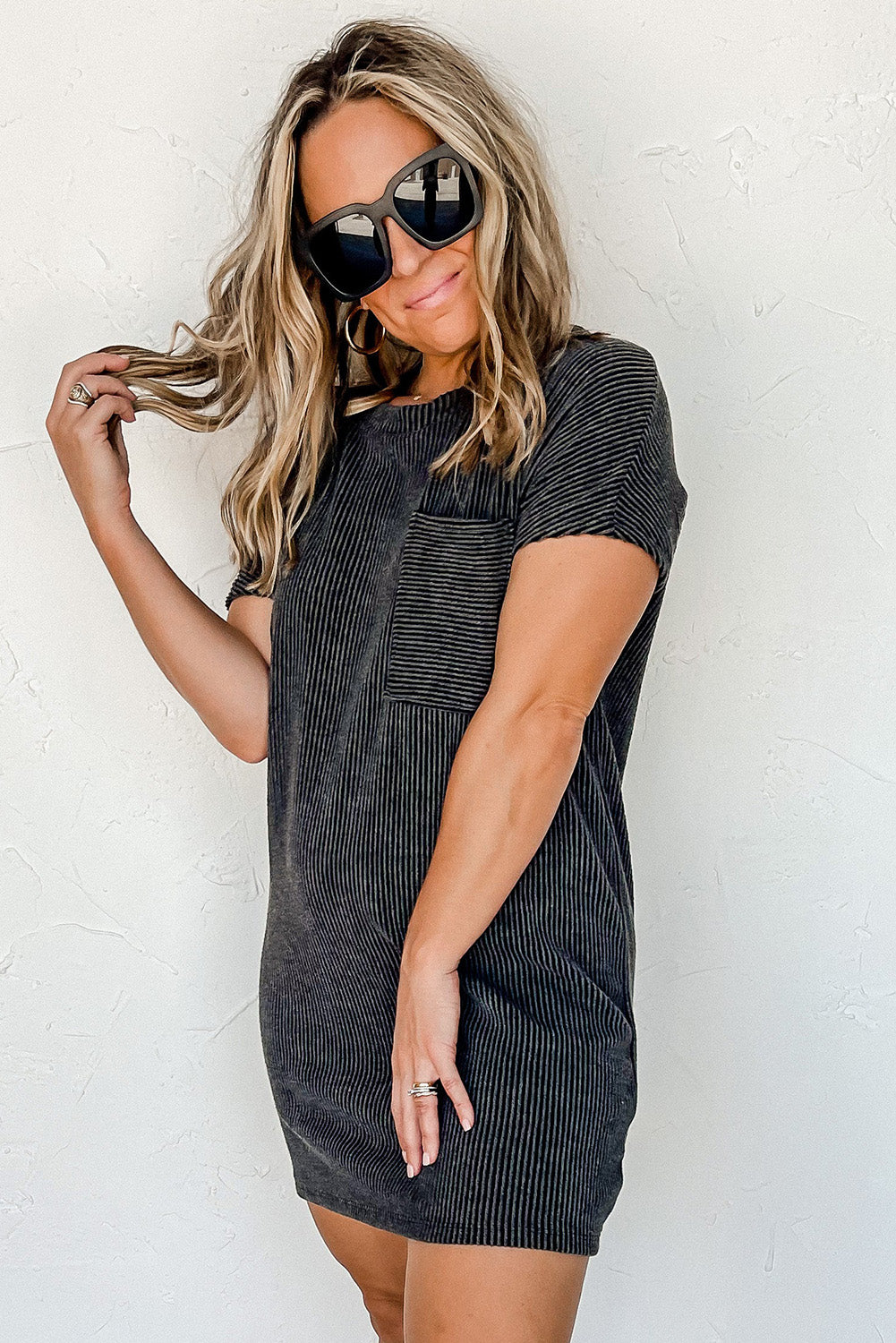 Striped Ribbed Knit Pocket T-Shirt Dress for Women