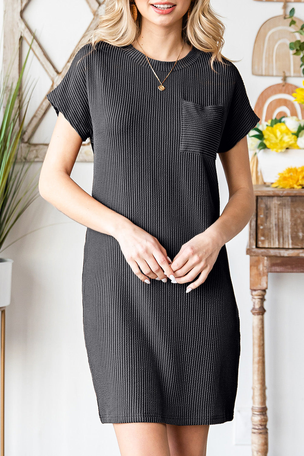 Striped Ribbed Knit Pocket T-Shirt Dress for Women