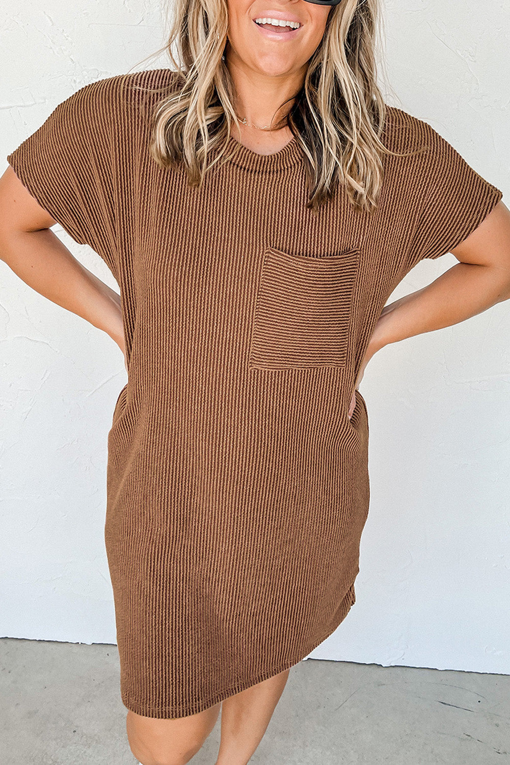 Striped Ribbed Knit Pocket T-Shirt Dress for Women