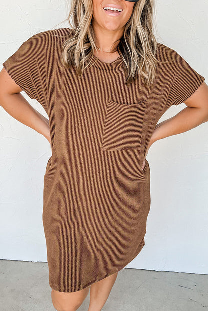 Striped Ribbed Knit Pocket T-Shirt Dress for Women