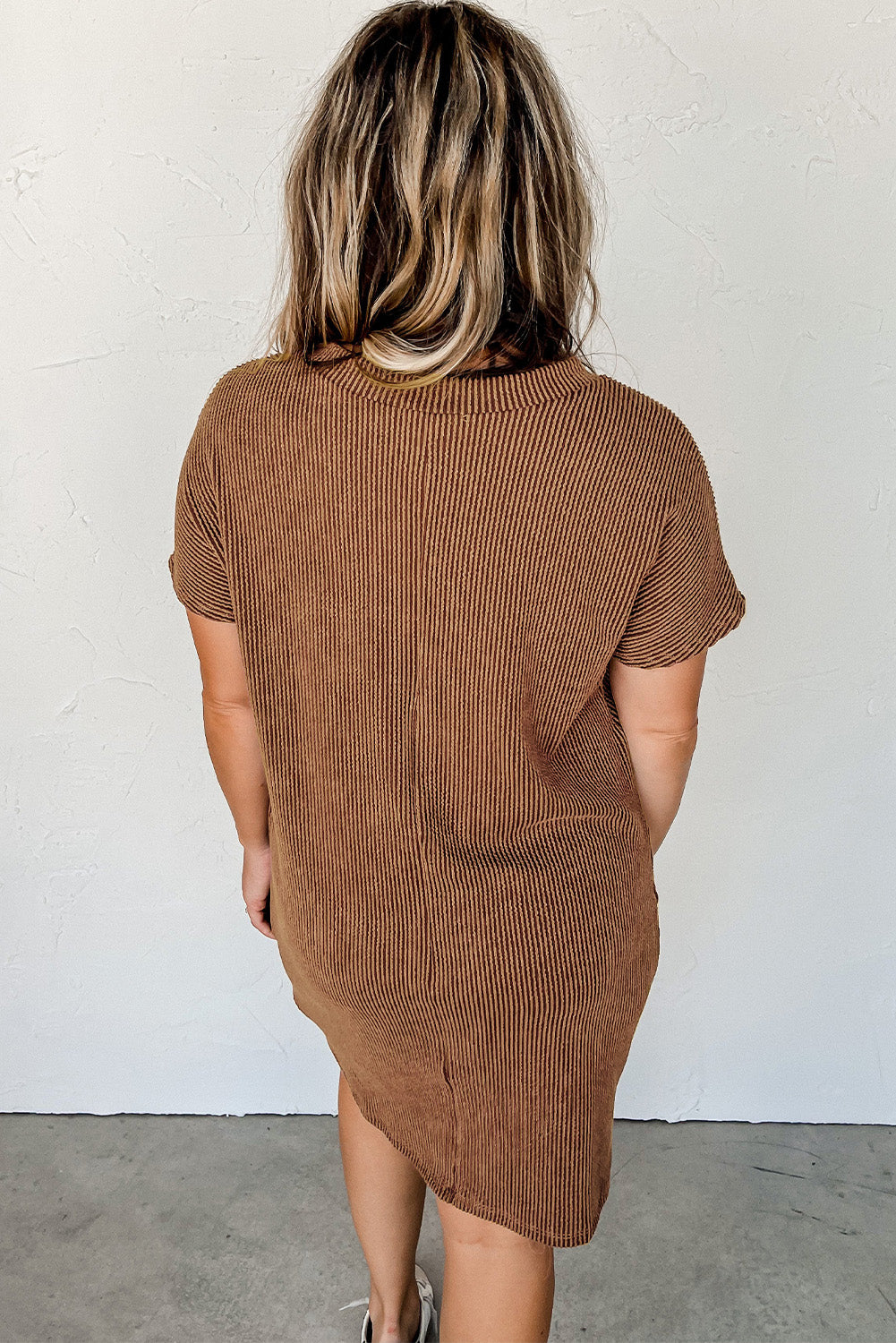 Striped Ribbed Knit Pocket T-Shirt Dress for Women