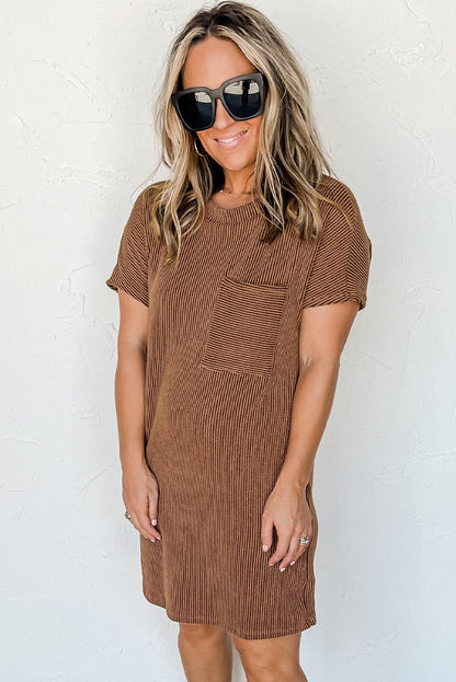 Striped Ribbed Knit Pocket T-Shirt Dress for Women