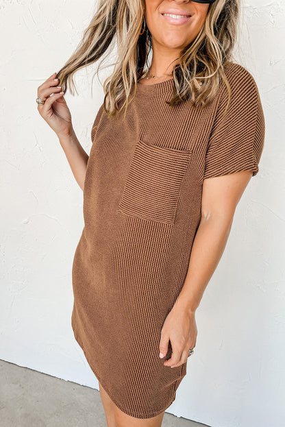 Striped Ribbed Knit Pocket T-Shirt Dress for Women