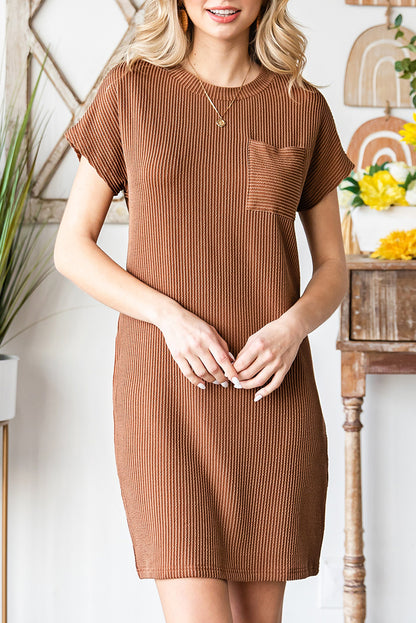 Striped Ribbed Knit Pocket T-Shirt Dress for Women