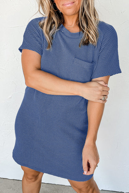 Striped Ribbed Knit Pocket T-Shirt Dress for Women