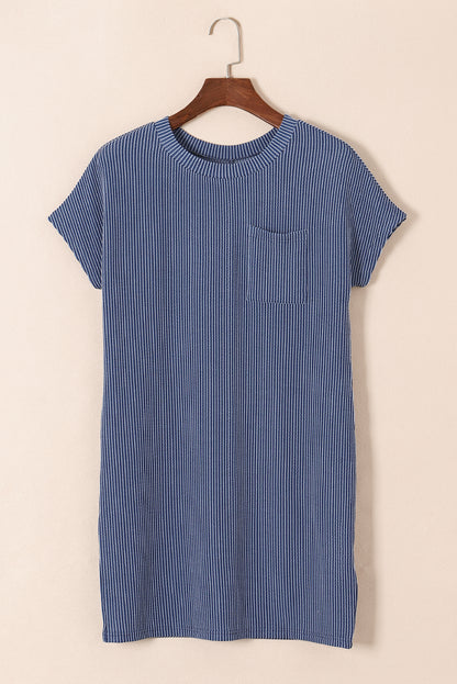 Striped Ribbed Knit Pocket T-Shirt Dress for Women