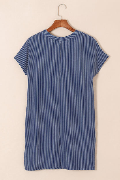 Striped Ribbed Knit Pocket T-Shirt Dress for Women