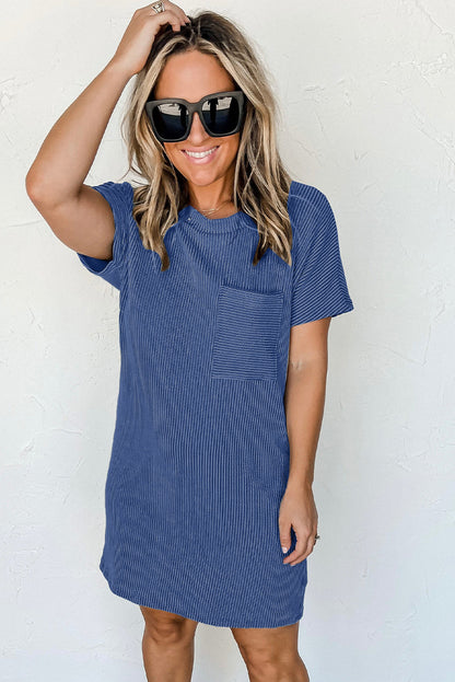 Striped Ribbed Knit Pocket T-Shirt Dress for Women