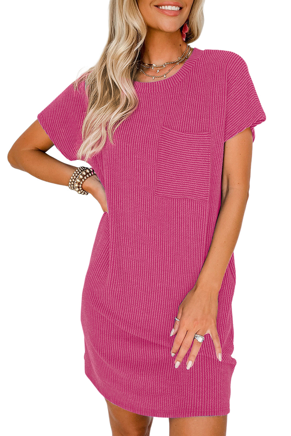 Striped Ribbed Knit Pocket T-Shirt Dress for Women