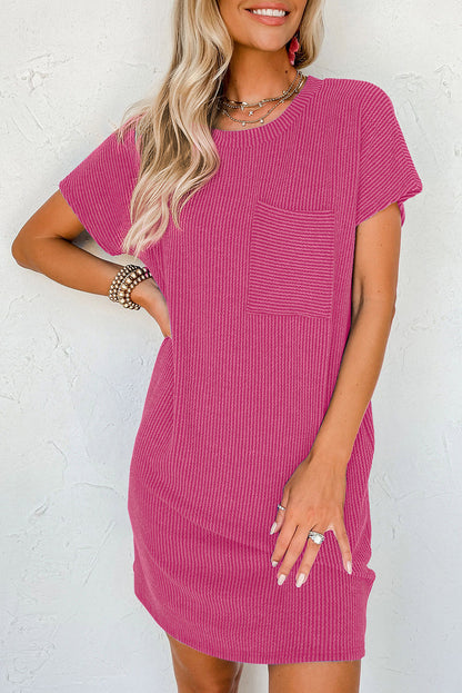 Striped Ribbed Knit Pocket T-Shirt Dress for Women