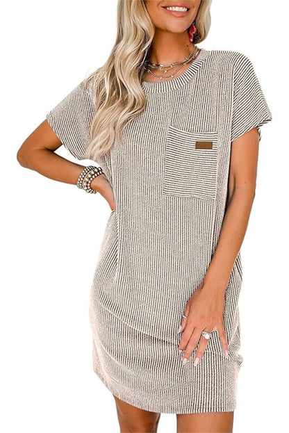 Striped Ribbed Knit Pocket T-Shirt Dress for Women