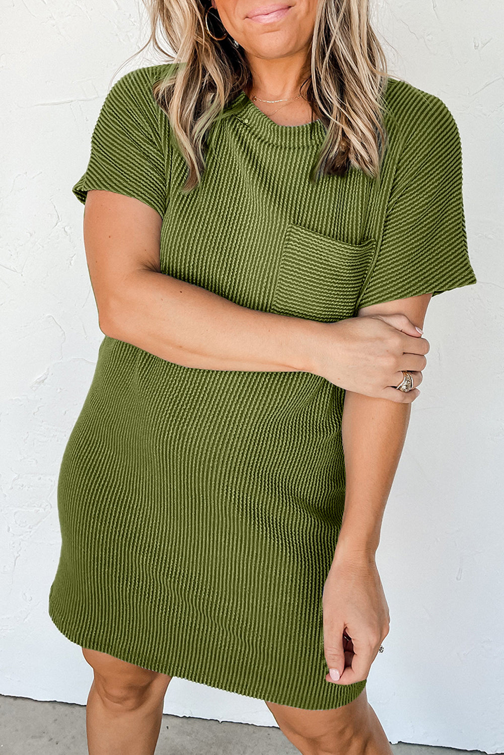 Striped Ribbed Knit Pocket T-Shirt Dress for Women
