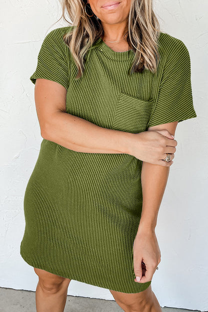 Striped Ribbed Knit Pocket T-Shirt Dress for Women