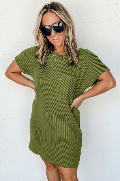 Striped Ribbed Knit Pocket T-Shirt Dress for Women