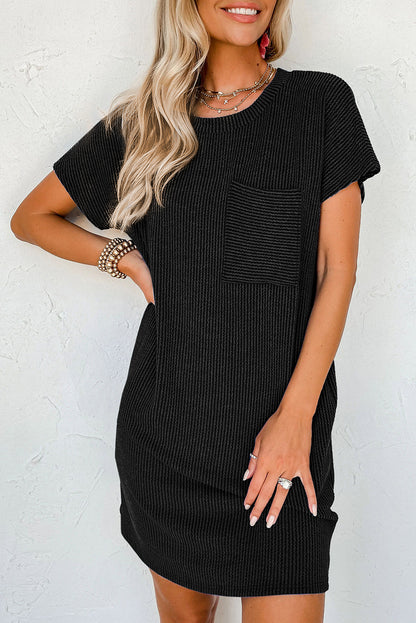 Striped Ribbed Knit Pocket T-Shirt Dress for Women