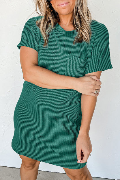 Striped Ribbed Knit Pocket T-Shirt Dress for Women