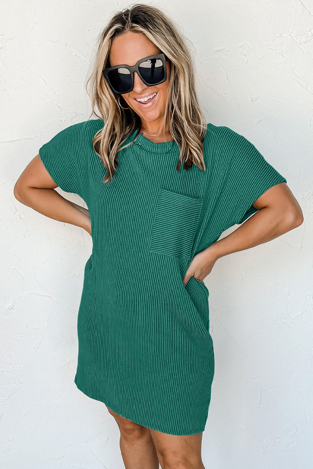 Striped Ribbed Knit Pocket T-Shirt Dress for Women
