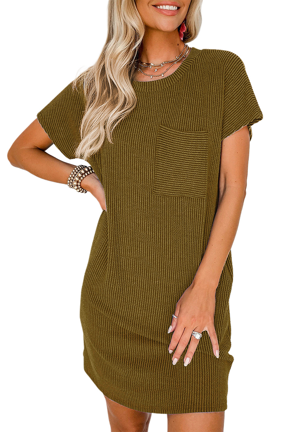 Striped Ribbed Knit Pocket T-Shirt Dress for Women