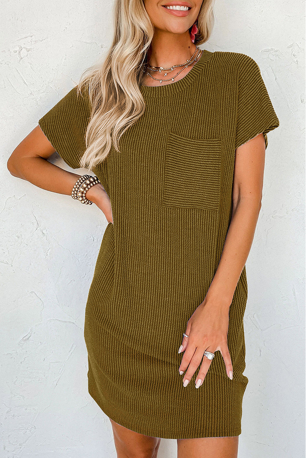Striped Ribbed Knit Pocket T-Shirt Dress for Women