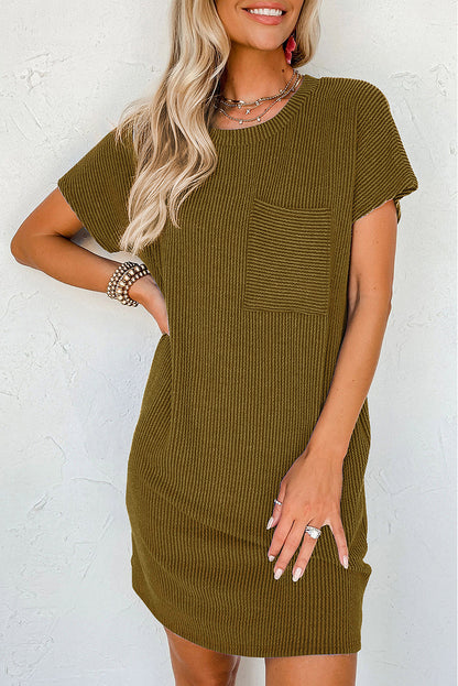 Striped Ribbed Knit Pocket T-Shirt Dress for Women