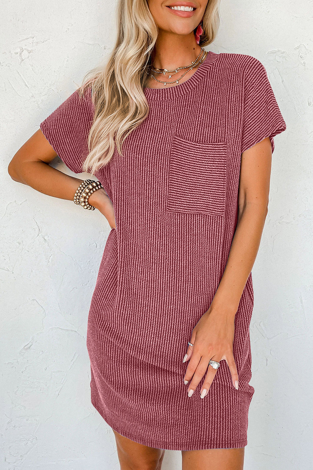 Striped Ribbed Knit Pocket T-Shirt Dress for Women