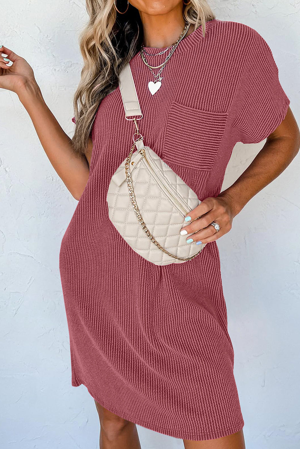 Striped Ribbed Knit Pocket T-Shirt Dress for Women